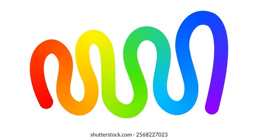 Rainbow colored curvy line isolated on white background. Cool colorful squiggle. Organic doodle figure with gradient effect. Vector illustration.