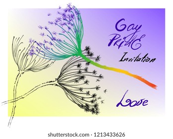Rainbow colored dandelion. Flag of LGBT community on flower blosssom. Vector illustration for sticker, pin, greeting card, poster, patch, shirt prints. Bloom stalk invitation on color background