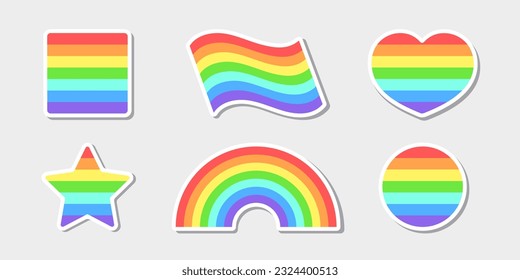 Rainbow colored design elements collection. Different shapes in colors of LGBT community on white background. Best for polygraphy, print, stickers, cards and web design.