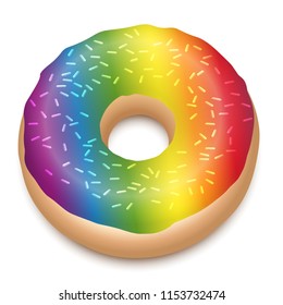 Rainbow colored donut with sprinkles. Isolated vector illustration on white background.