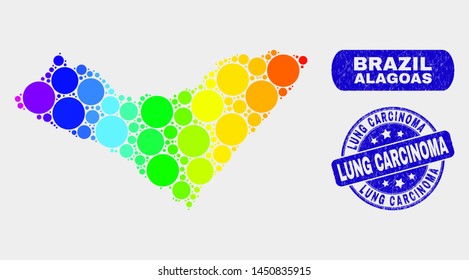 Rainbow colored dot Alagoas State map and seal stamps. Blue rounded Lung Carcinoma grunge stamp. Gradiented spectrum Alagoas State map mosaic of scattered circle dots.