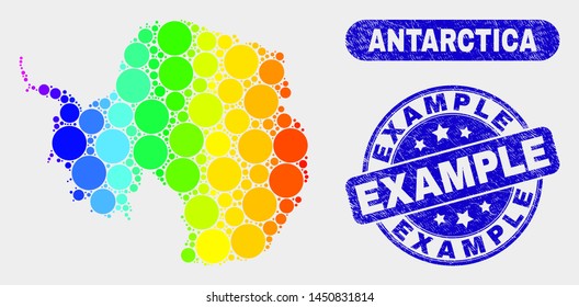 Rainbow colored dot Antarctica continent map and stamps. Blue round Example grunge seal. Gradiented rainbow colored Antarctica continent map mosaic of randomized circle elements.