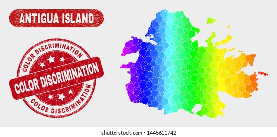 Rainbow colored dot Antigua Island map and seals. Red round Color Discrimination distress seal stamp. Gradient rainbow colored Antigua Island map mosaic of scattered small circles.