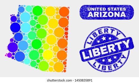 Rainbow colored dot Arizona State map and seal stamps. Blue rounded Liberty textured seal. Gradiented rainbow colored Arizona State map mosaic of randomized small spheres.