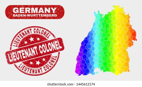 Rainbow colored dot Baden-Wurttemberg Land map and rubber prints. Red round Lieutenant Colonel scratched stamp. Gradient rainbow colored Baden-Wurttemberg Land map mosaic of random circle dots.