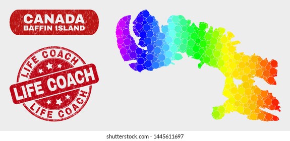 Rainbow colored dot Baffin Island map and seal stamps. Red round Life Coach scratched seal stamp. Gradient rainbow colored Baffin Island map mosaic of random small spheres.