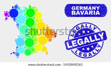 Rainbow colored dot Bavaria Land map and watermarks. Blue rounded Legally scratched seal stamp. Gradient rainbow colored Bavaria Land map mosaic of randomized small spheres.