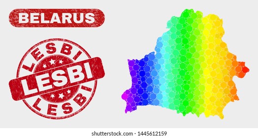 Rainbow colored dot Belarus map and seal stamps. Red rounded Lesbi distress watermark. Gradient rainbow colored Belarus map mosaic of scattered small spheres. Lesbi seal with scratched texture.