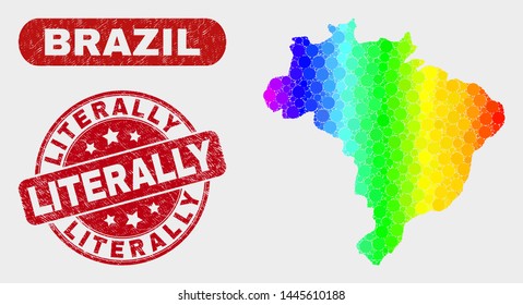 Rainbow colored dot Brazil map and watermarks. Red rounded Literally grunge seal. Gradient rainbow colored Brazil map mosaic of randomized circle dots. Literally seal with dirty texture.