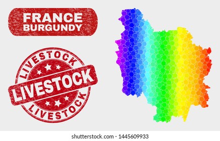 Rainbow colored dot Burgundy Province map and seal stamps. Red round Livestock textured seal. Gradient rainbow colored Burgundy Province map mosaic of scattered round elements.
