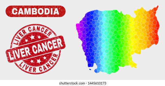 Rainbow colored dot Cambodia map and rubber prints. Red round Liver Cancer distress seal stamp. Gradient rainbow colored Cambodia map mosaic of random circle.