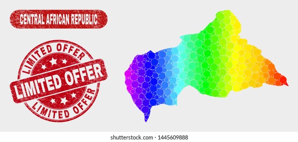 Rainbow colored dot Central African Republic map and rubber prints. Red round Limited Offer grunge stamp. Gradient rainbow colored Central African Republic map mosaic of randomized small spheres.