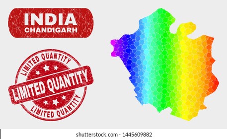 Rainbow colored dot Chandigarh City map and stamps. Red round Limited Quantity grunge seal stamp. Gradient rainbow colored Chandigarh City map mosaic of scattered round elements.