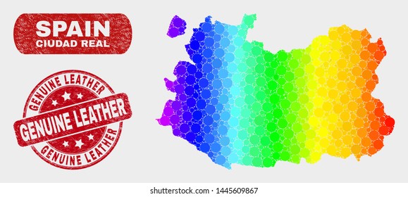 Rainbow colored dot Ciudad Real Province map and rubber prints. Red round Genuine Leather grunge seal stamp. Gradient rainbow colored Ciudad Real Province map mosaic of randomized round elements.