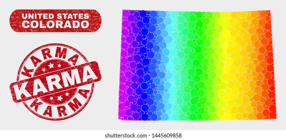 Rainbow colored dot Colorado State map and seal stamps. Red round Karma scratched watermark. Gradient rainbow colored Colorado State map mosaic of random circle elements.