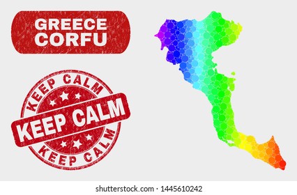 Rainbow colored dot Corfu Island map and stamps. Red round Keep Calm distress stamp. Gradient rainbow colored Corfu Island map mosaic of random circle. Keep Calm stamp with grunged surface.