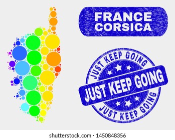 Rainbow colored dot Corsica map and stamps. Blue rounded Just Keep Going scratched seal stamp. Gradient rainbow colored Corsica map mosaic of scattered spheric dots.