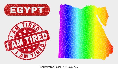 Rainbow colored dot Egypt map and stamps. Red round I Am Tired distress seal stamp. Gradient rainbow colored Egypt map mosaic of scattered round elements. I Am Tired imprint with grunge surface.