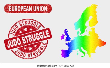 Mapa y sellos de la Unión Europea con colores arcoiris. Sello de socorro de la lucha de Judo Rojo. Mosaico cartográfico de la Unión Europea de color arcoiris degradado de puntos redondos aleatorizados.
