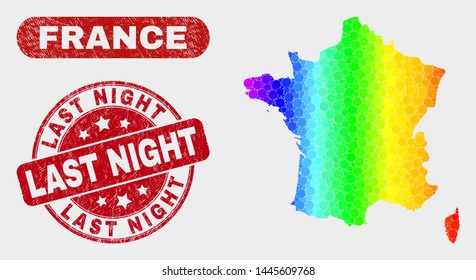 Rainbow colored dot France map and seals. Red round Last Night textured seal. Gradient rainbow colored France map mosaic of scattered circle. Last Night seal with rubber texture.
