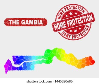 Rainbow colored dot the Gambia map and seals. Red rounded Home Protection scratched seal. Gradient spectral the Gambia map mosaic of randomized circle dots.