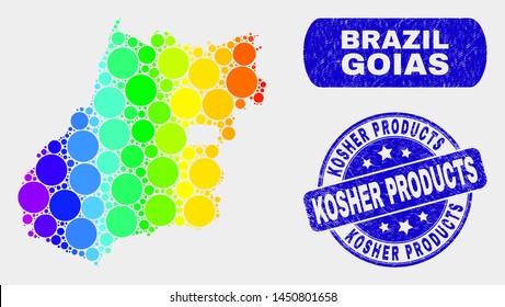 Rainbow colored dot Goias State map and seal stamps. Blue round Kosher Products grunge seal stamp. Gradiented spectrum Goias State map mosaic of scattered round spots.