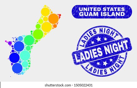 Rainbow colored dot Guam Island map and stamps. Blue round Ladies Night scratched stamp. Gradient rainbow colored Guam Island map mosaic of scattered round spots.