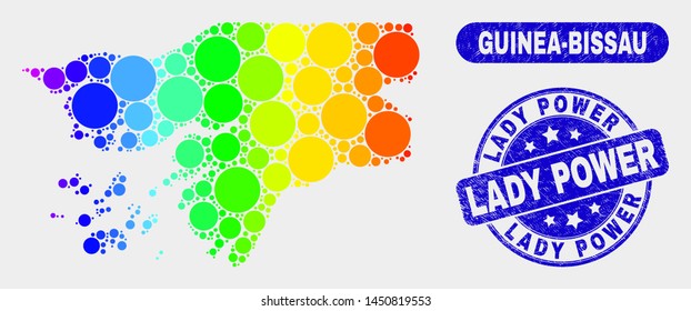 Rainbow colored dot Guinea-Bissau map and seal stamps. Blue round Lady Power distress seal stamp. Gradiented rainbow colored Guinea-Bissau map mosaic of scattered small circles.