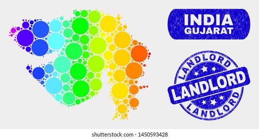 Rainbow colored dot Gujarat State map and seal stamps. Blue round Landlord grunge seal. Gradiented spectrum Gujarat State map mosaic of random circle. Landlord seal stamp with grunge texture.