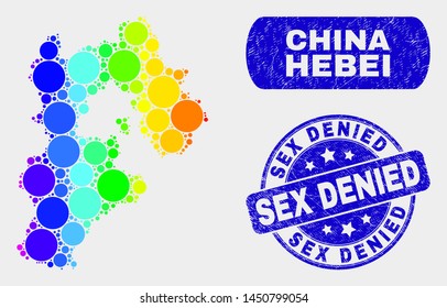 Rainbow colored dot Hebei Province map and rubber prints. Blue rounded Sex Denied grunge seal stamp. Gradient rainbow colored Hebei Province map mosaic of scattered small circles.