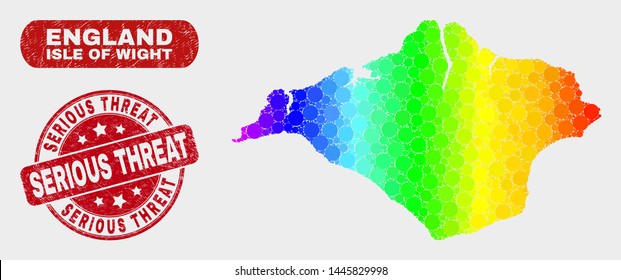 Rainbow colored dot Isle of Wight map and seal stamps. Red round Serious Threat scratched seal stamp. Gradient spectrum Isle of Wight map mosaic of random circle elements.