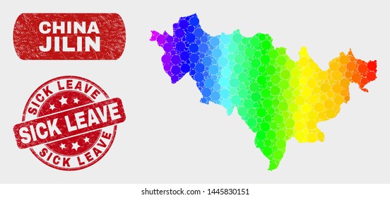 Rainbow colored dot Jilin Province map and stamps. Red round Sick Leave grunge stamp. Gradient rainbow colored Jilin Province map mosaic of random small circles.