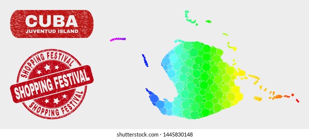 Rainbow colored dot Juventud Island map and seal stamps. Red round Shopping Festival scratched seal stamp. Gradient spectral Juventud Island map mosaic of scattered round elements.