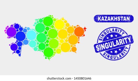 Rainbow colored dot Kazakhstan map and rubber prints. Blue round Singularity grunge seal. Gradiented rainbow colored Kazakhstan map mosaic of random circle elements.