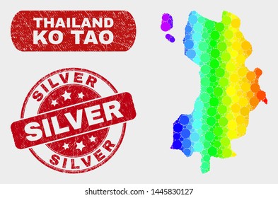 Rainbow colored dot Ko Tao map and seals. Red rounded Silver grunge watermark. Gradient rainbow colored Ko Tao map mosaic of random circle elements. Silver watermark with grunge surface.