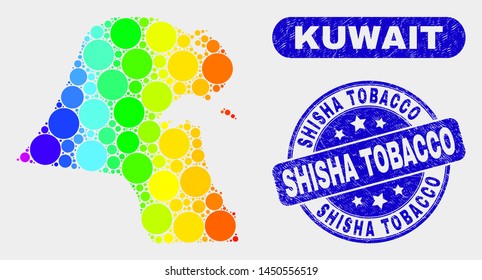Rainbow colored dot Kuwait map and seals. Blue round Shisha Tobacco scratched seal. Gradient rainbow colored Kuwait map mosaic of scattered round dots. Shisha Tobacco imprint with distress surface.