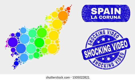 Rainbow colored dot La Coruna Province map and rubber prints. Blue round Shocking Video scratched watermark. Gradient rainbow colored La Coruna Province map mosaic of random round spots.