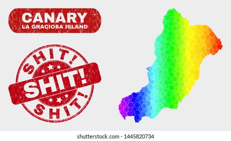 Rainbow colored dot La Graciosa Island map and seal stamps. Red round Shit! grunge seal stamp. Gradient spectral La Graciosa Island map mosaic of random small spheres.