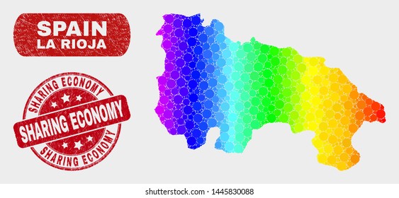 Rainbow colored dot La Rioja of Spain map and seals. Red round Sharing Economy scratched seal stamp. Gradient rainbow colored La Rioja of Spain map mosaic of scattered small spheres.