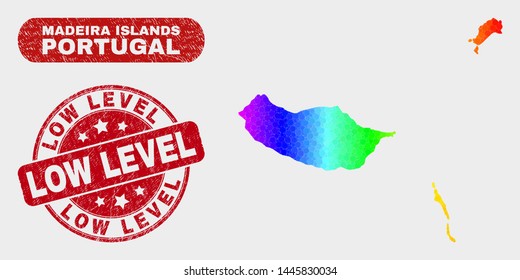 Rainbow colored dot Madeira Islands map and seals. Red rounded Low Level scratched stamp. Gradient rainbow colored Madeira Islands map mosaic of scattered small spheres.