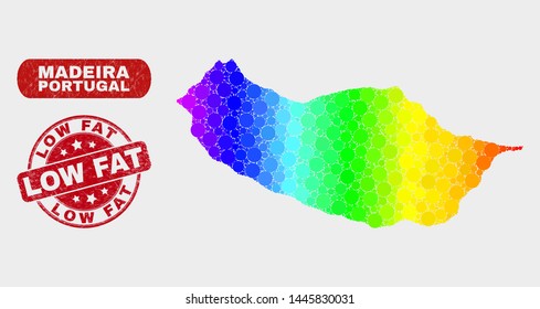 Rainbow colored dot Madeira map and seals. Red rounded Low Fat distress watermark. Gradient rainbow colored Madeira map mosaic of randomized small circles. Low Fat imprint with distress texture.