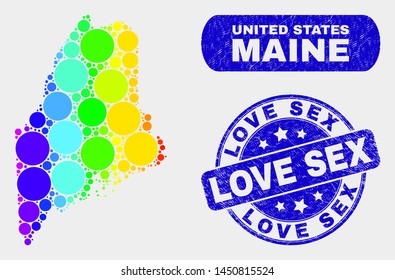 Rainbow colored dot Maine State map and watermarks. Blue round Love Sex distress seal stamp. Gradiented rainbow colored Maine State map mosaic of scattered round spots.