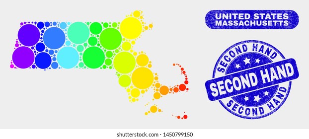 Rainbow colored dot Massachusetts State map and seal stamps. Blue rounded Second Hand grunge seal stamp. Gradient spectral Massachusetts State map mosaic of randomized circle.