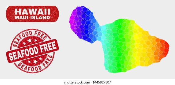 Rainbow colored dot Maui Island map and seal stamps. Red rounded Seafood Free scratched seal stamp. Gradient rainbow colored Maui Island map mosaic of scattered circle elements.