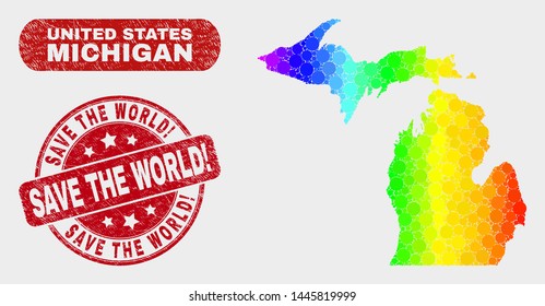 Rainbow colored dot Michigan State map and seals. Red round Save the World! grunge stamp. Gradient spectrum Michigan State map mosaic of randomized round elements.