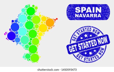 Rainbow colored dot Navarra Province map and seals. Blue round Get Started Now distress seal stamp. Gradiented rainbow colored Navarra Province map mosaic of randomized round elements.