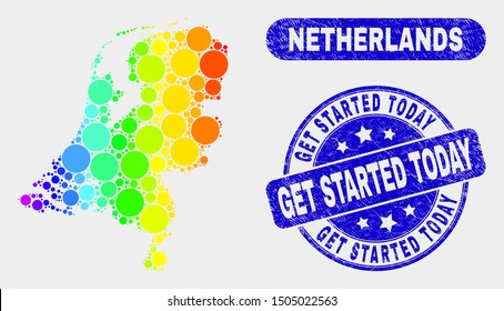 Rainbow colored dot Netherlands map and seals. Blue round Get Started Today distress stamp. Gradient rainbow colored Netherlands map mosaic of randomized round dots.