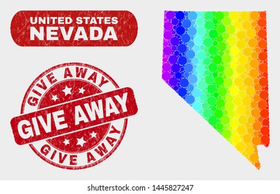 Rainbow colored dot Nevada State map and seal stamps. Red round Give Away scratched stamp. Gradient rainbow colored Nevada State map mosaic of scattered round elements.