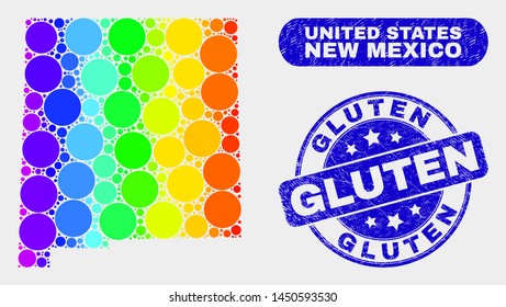 Rainbow colored dot New Mexico State map and seal stamps. Blue rounded Gluten grunge seal. Gradient rainbow colored New Mexico State map mosaic of randomized small circles.