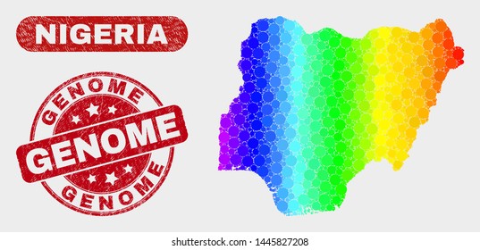 Rainbow colored dot Nigeria map and seal stamps. Red rounded Genome distress seal stamp. Gradient spectral Nigeria map mosaic of random circle elements. Genome seal stamp with distress texture.